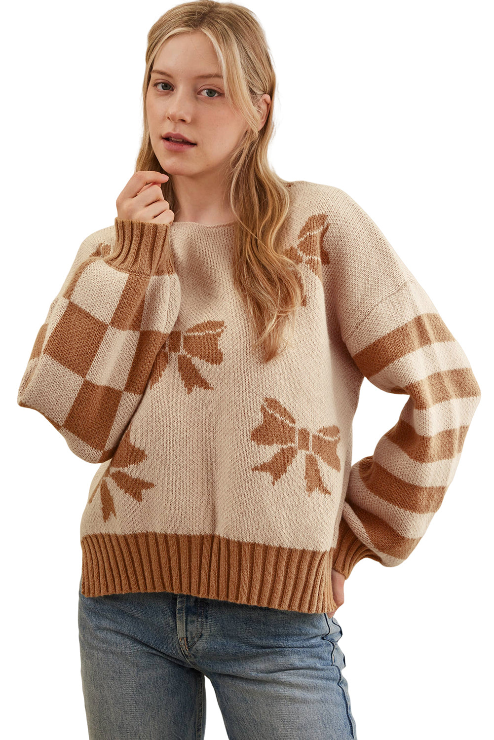 Straw Yellow Striped Checkered Sleeves Bow Print Knit Sweater