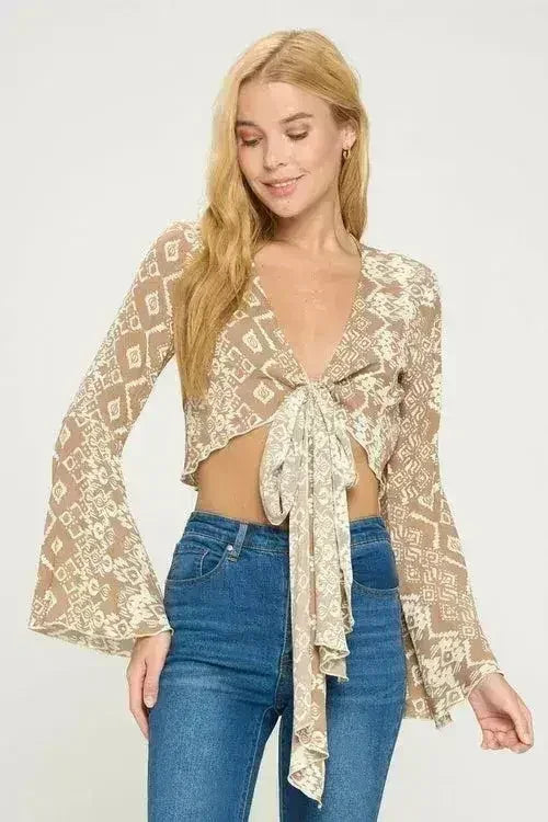 Boho Bell-Sleeve Crop Top | Floral Tie-Front | Sizes S-XL | Femstylo