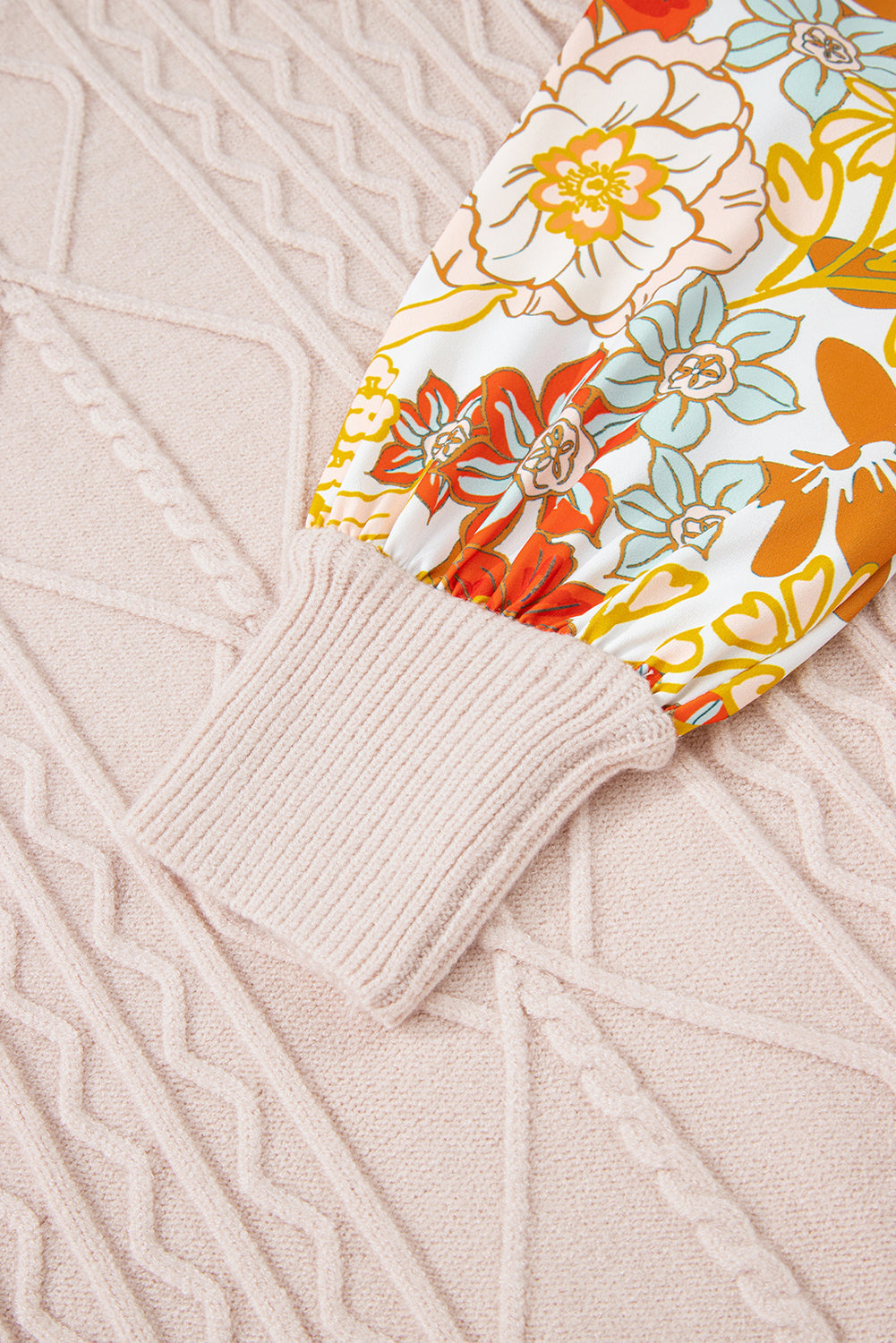 Parchment Cable Knit Ruffle Detail Contrast Floral Sleeve Patchwork Sweater