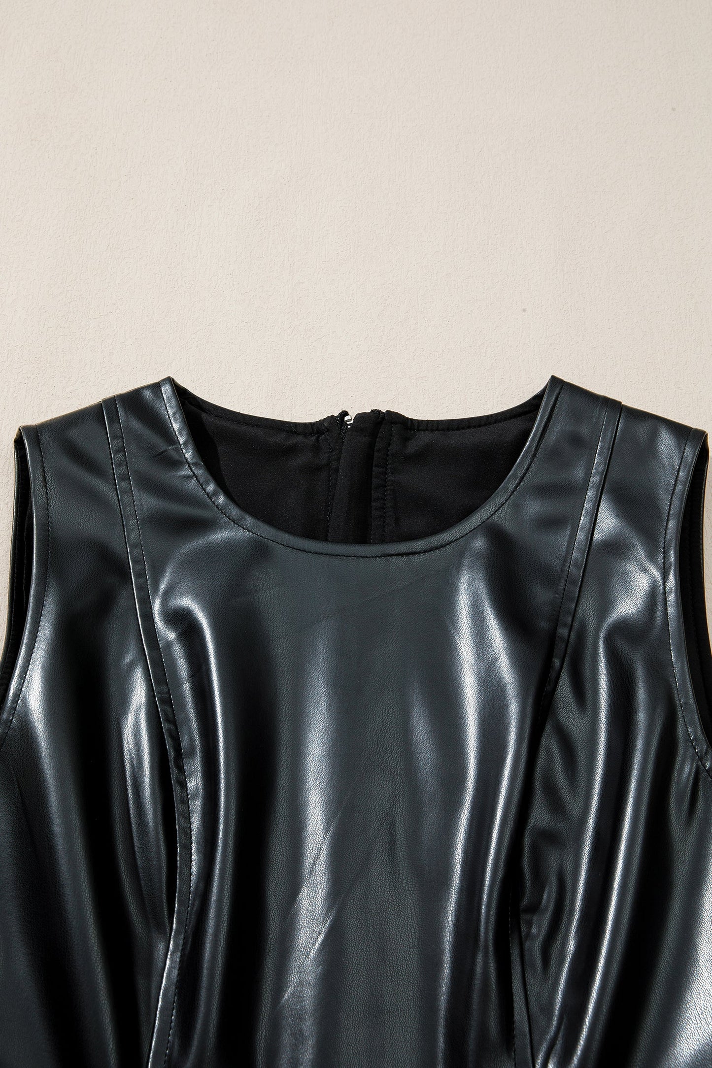 Black Faux Leather Ruffle Hem Sleeveless Mini Dress