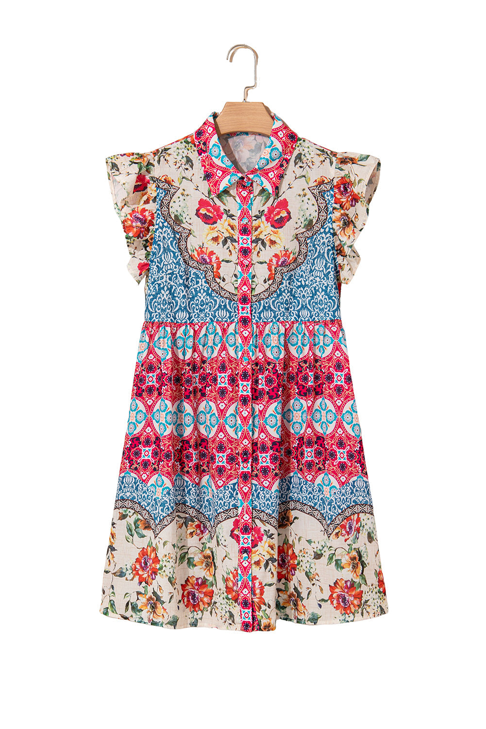 Rose Floral Mixed Pattern Ruffle Flutter Sleeve Buttoned Dress
