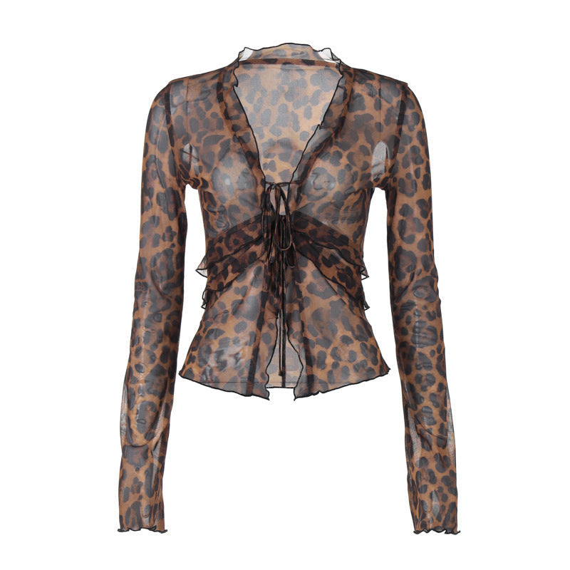 European And American Fashion Sexy Mesh See-through Cardigan Lace-up T-shirt
