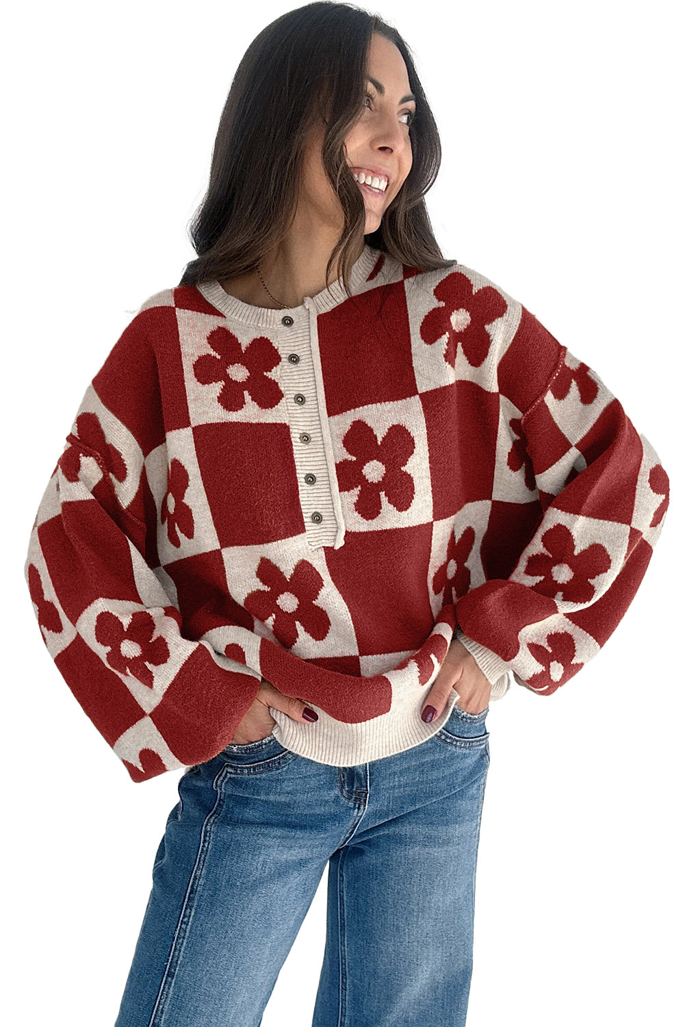 Black Flower Plaid Henley Baggy Sweater