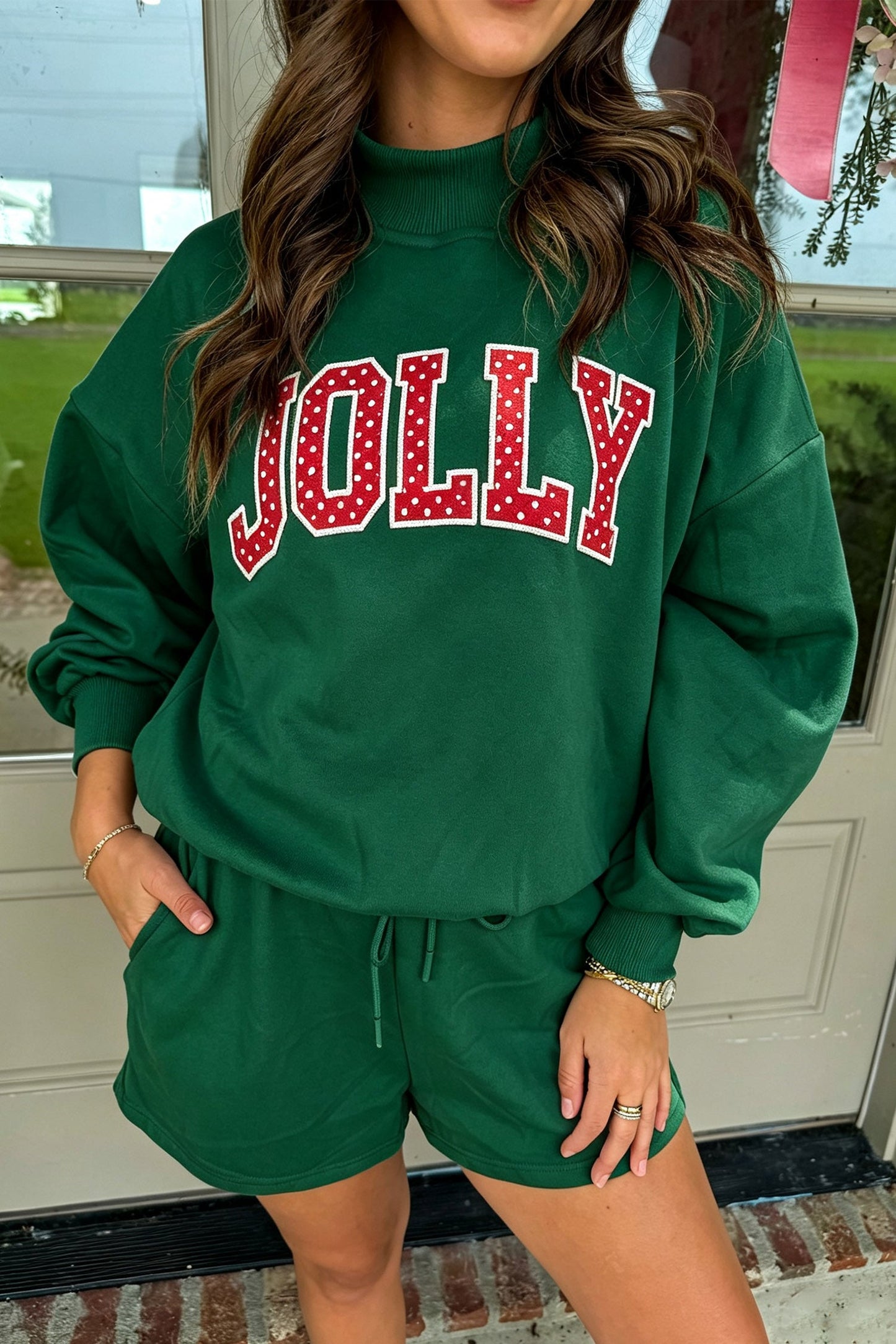 Coffee Christmas Slogan Print Mock Neck Pullover and Shorts Set