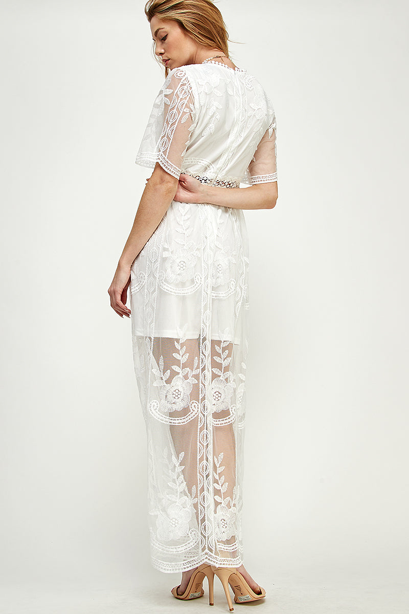 SD0204-1PC-LACE SHORT SLEEVE V-NECK MAXI DRESS-$22 (Sample for Display)