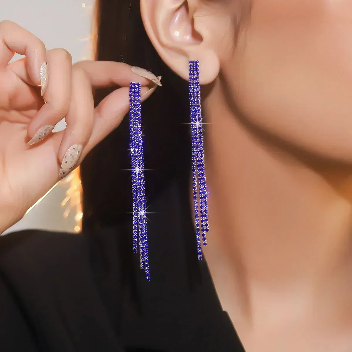 TREAZY Shiny 4 Lines Rhinestone Crystal Tassel Long Earrings for Women Wedding Party Hanging Dangle Earrings Bridal Brincos