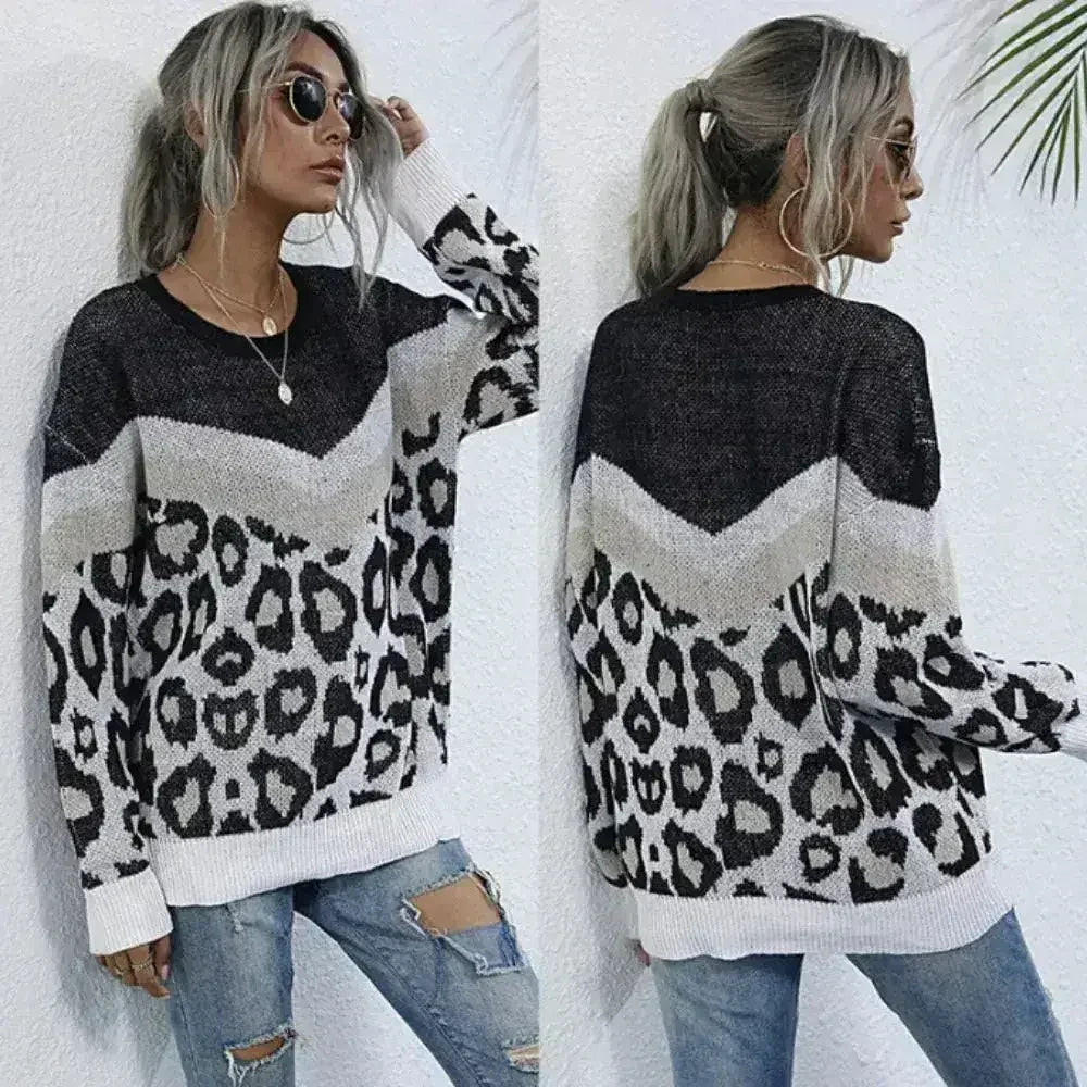 Leopard Print Sweater â Gray Acrylic Knit | Sizes S-L