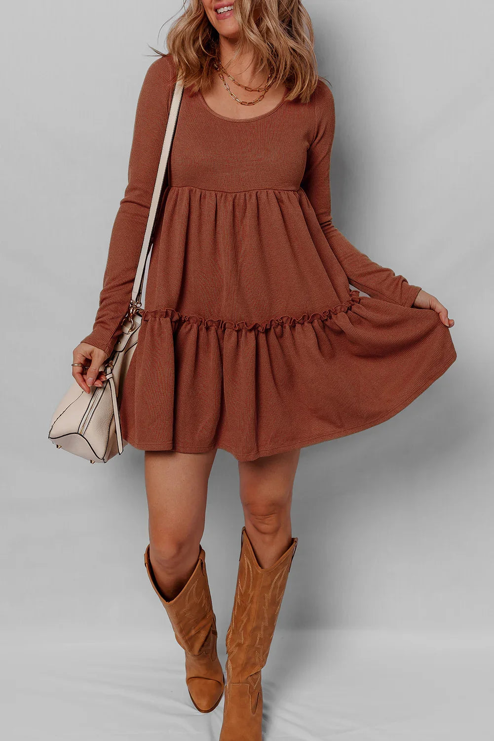 Straw Yellow Ribbed Frilled Trim High Waist Long Sleeve Mini Dress