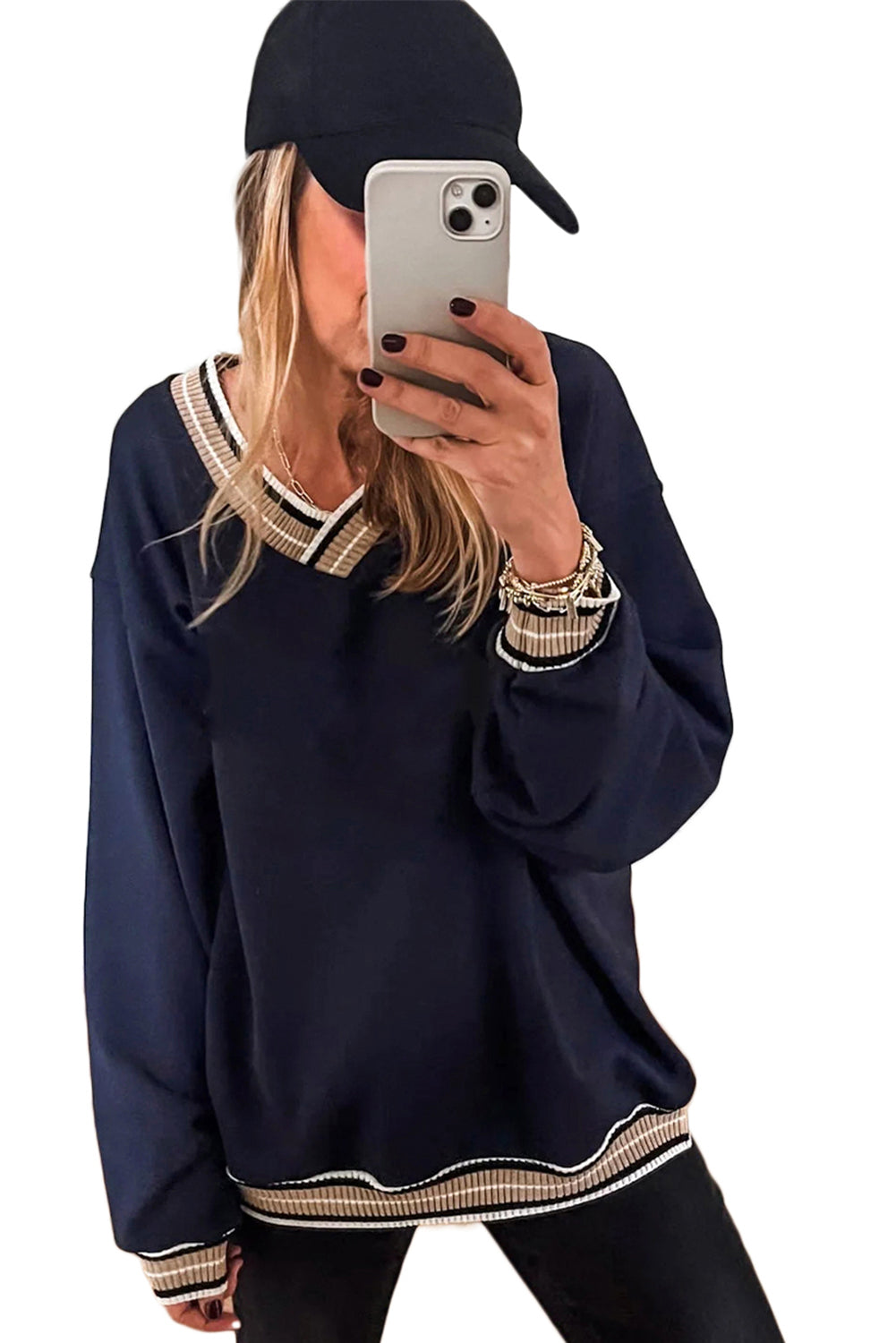 Gray Varsity Contrast Trim V Neck Sweatshirt