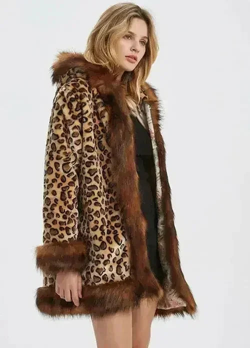 Leopard Print Jacket â Faux Fur Collar Coat | XS-M