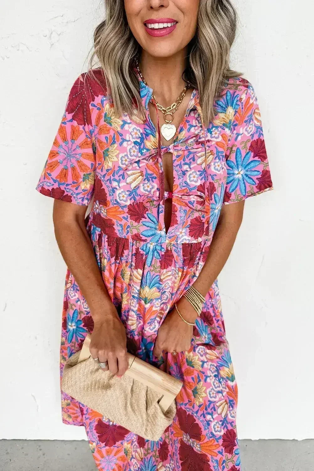 Rose Floral Print Tie Front High Waist Loose Midi Dress
