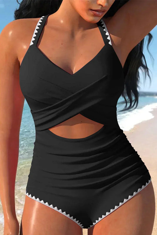Rose Red Ric Rac Trim Colorblock Cutout One Piece Swimsuit