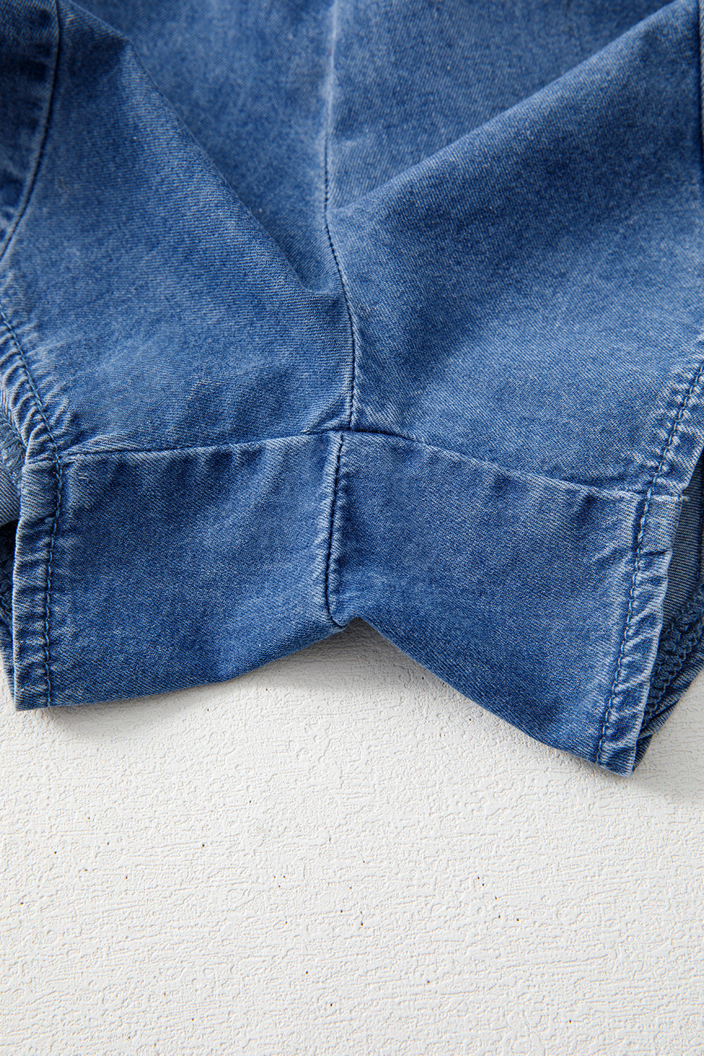 Ashleigh Blue Spaghetti Straps V Neck Belted Ruffled Leg Chambray Romper