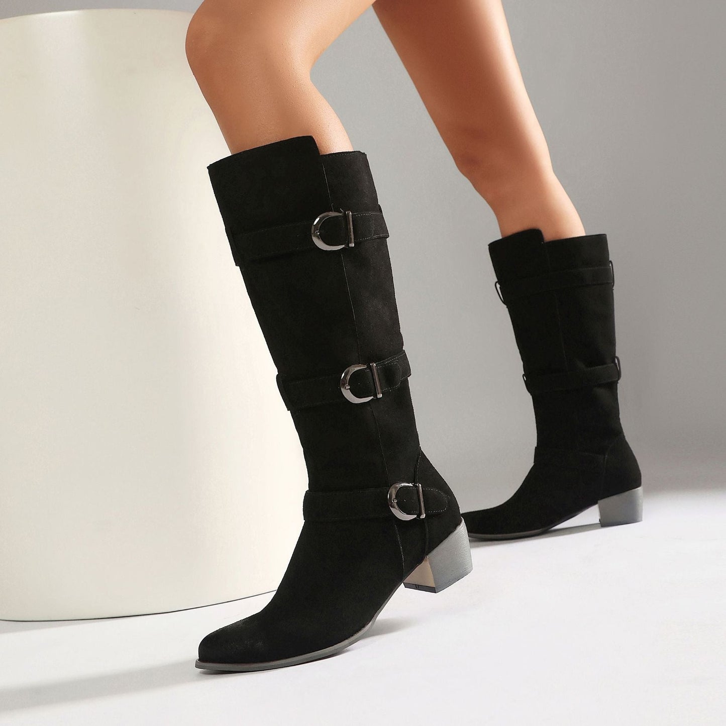 Women's Over-the-Knee High Heel Chunky Boots – Buckle Suede