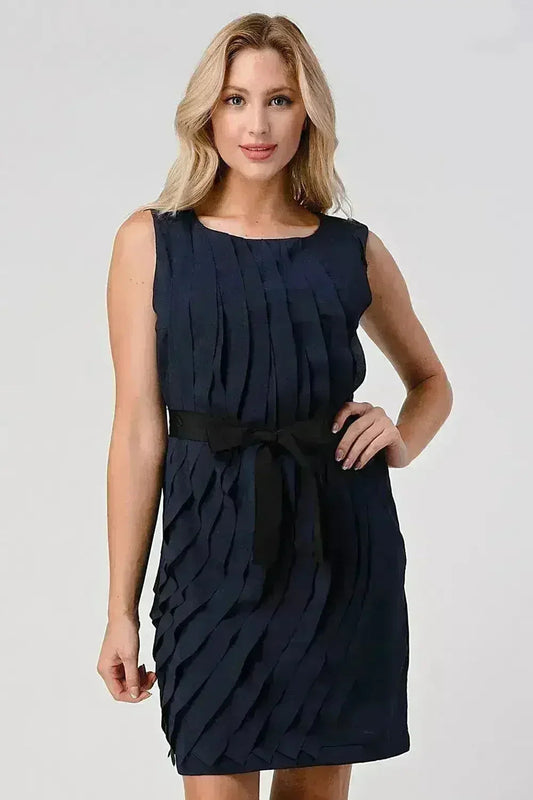 Sleeveless Pleated Shift Dress with Waist Tie - Femstylo