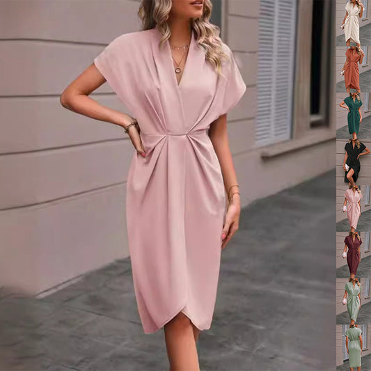 Pleated A-Line Midi Dress – V-Neck Sleeveless Summer Dress