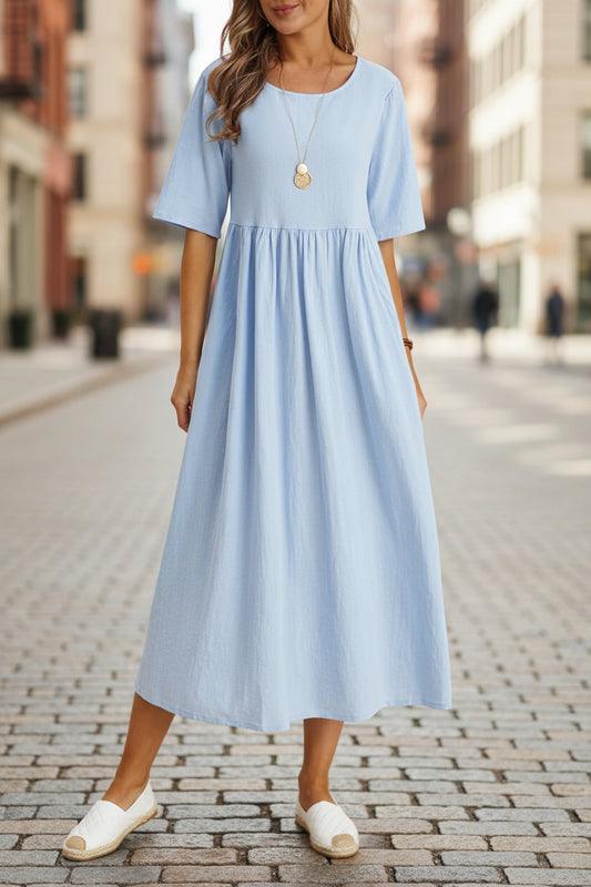 Plus Size Cotton Linen Midi Dress | Round Neck Pocket Dress