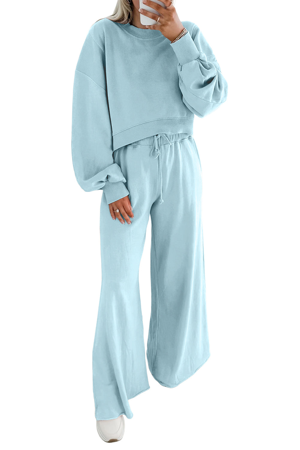 Flamingo Drop Shoulder Crop Pullover Drawstring Wide Leg Pants Set