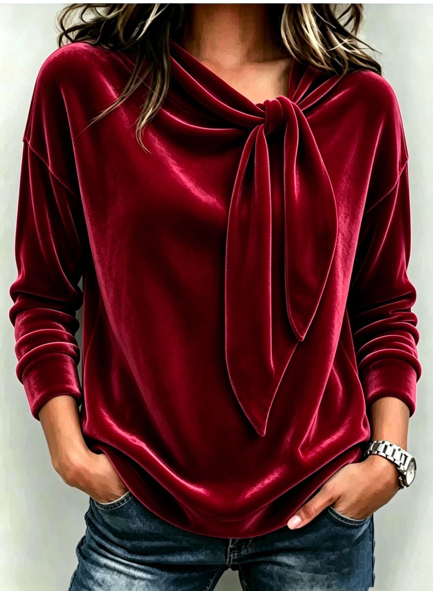 Solid Color Long Sleeve Bow Top – Loose Fit Scarf Collar
