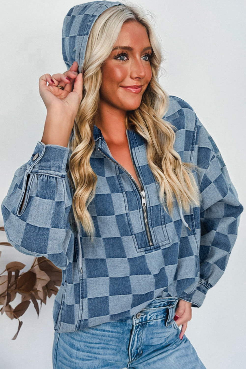 Sky Blue Checkerboard Zipped Collar Kangaroo Pocket Denim Hoodie
