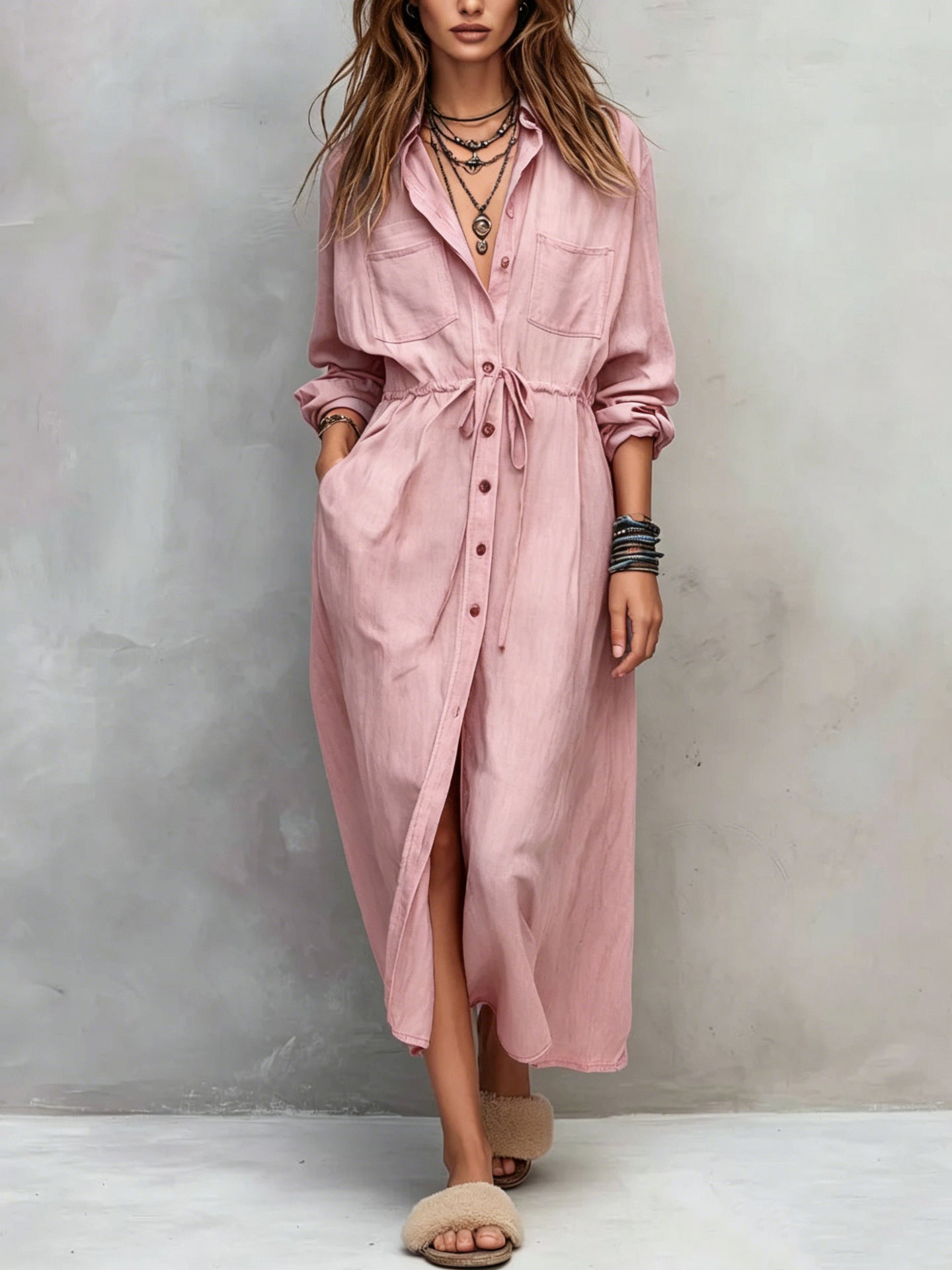 Women's Drawstring Waist Shirt Dress – Long Sleeve A-Line Midi