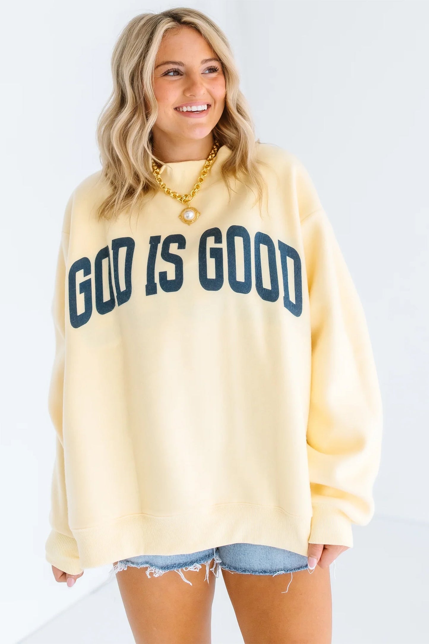 Yellow Jesus Slogan Stand Neck Long Sleeve Oversized Tunic Plus Size Sweatshirt