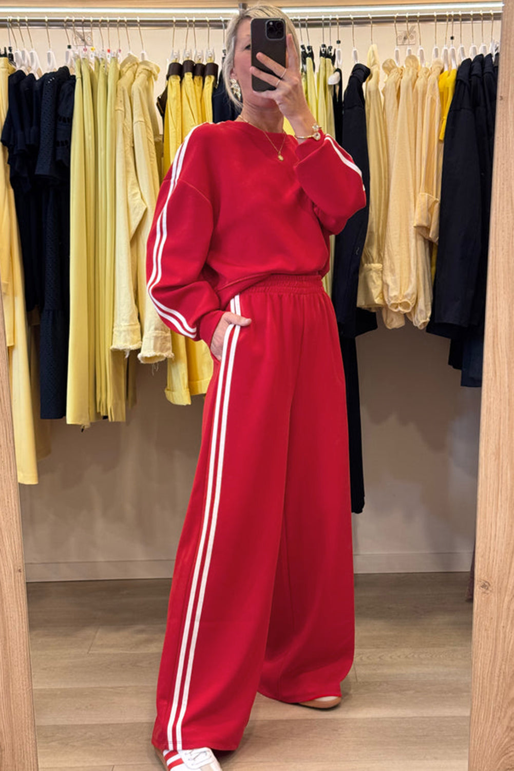 Oatmeal Varsity Striped Detail Cropped Pullover Wide Leg Pants 2pcs Outfit