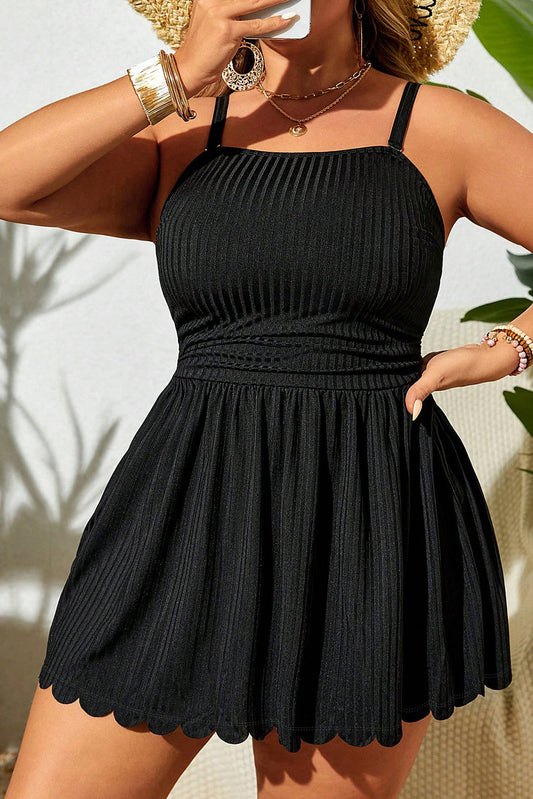 Black Plus Size Textured Scalloped Trim Swim Dress with Panty