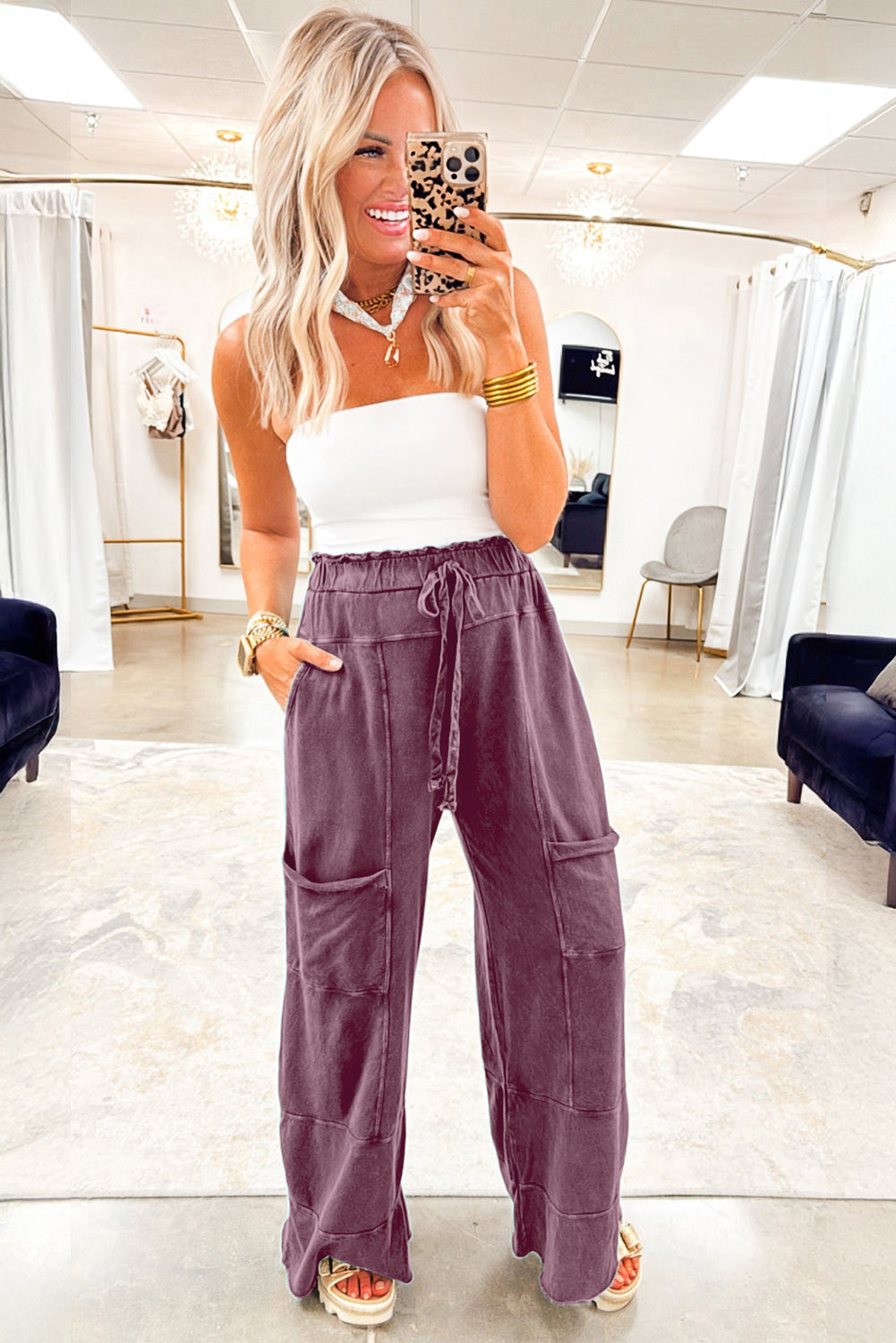 Wild Ginger  Mineral Wash Knot High Waist Raw Hem Pants