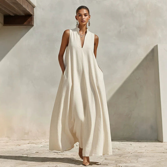Linen Blend Sleeveless Stand-Collar Maxi Dress – 5 Colors S–3XL