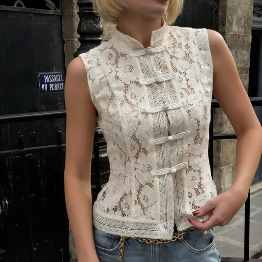 Lace Crochet Stand Collar Slim-Fit Sleeveless Top – 3 Colors, S–L