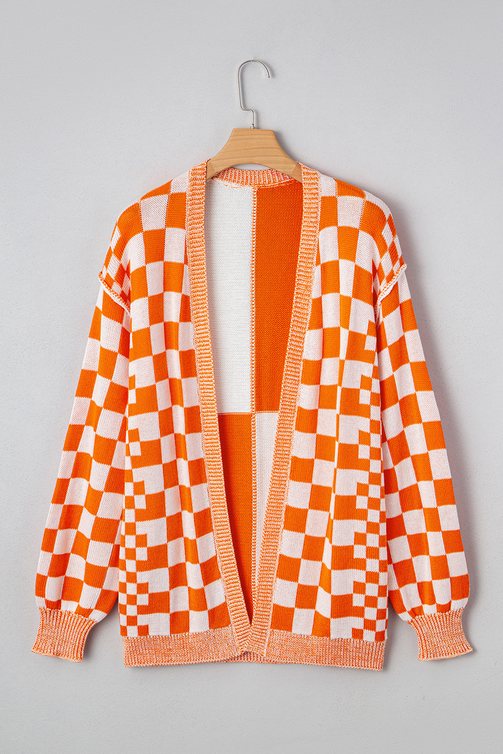 Brown Checkered Open Front Drop Shoulder Cardigan