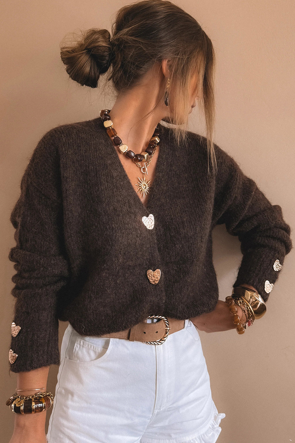 Fiery Red Heart Metal Button V Neck Cardigan Sweater
