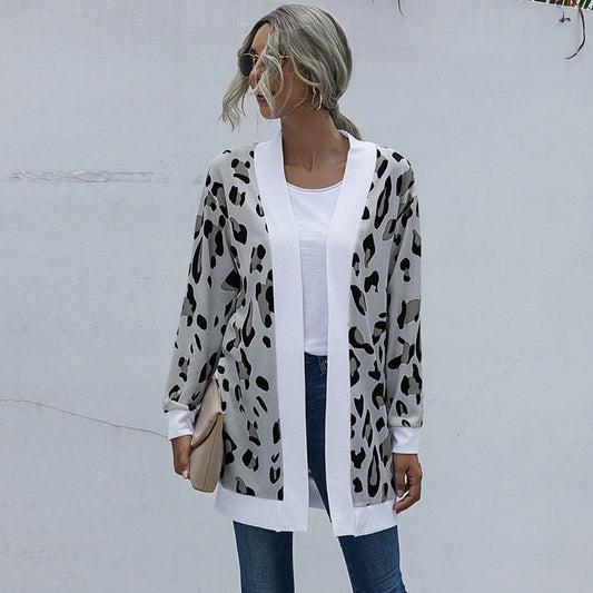 Ladies Tie Dye Leopard Print Knit Cardigan Jacket
