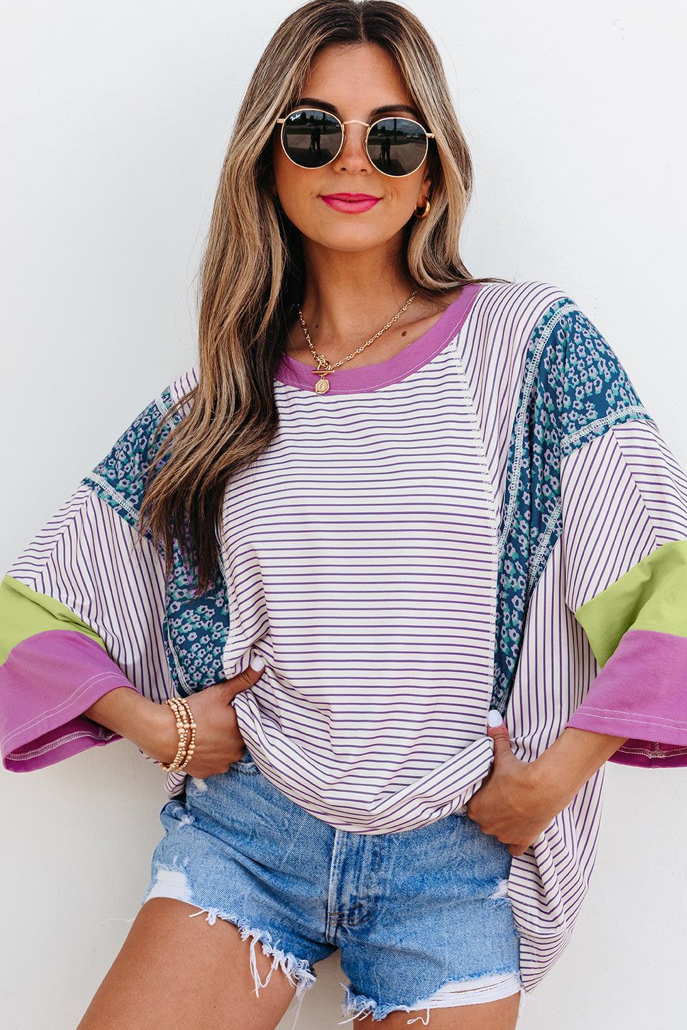 Purple Stripe Floral Color Block Raw Edge Patchwork Bracelet Sleeve Blouse