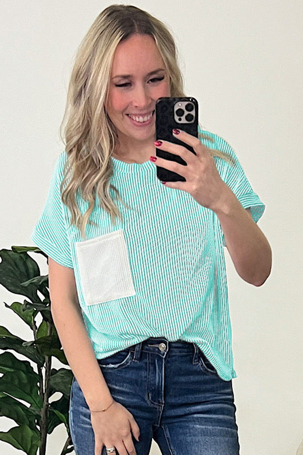 Light Blue Corded Knit Color Block Pocketed Crew Neck T Shirt