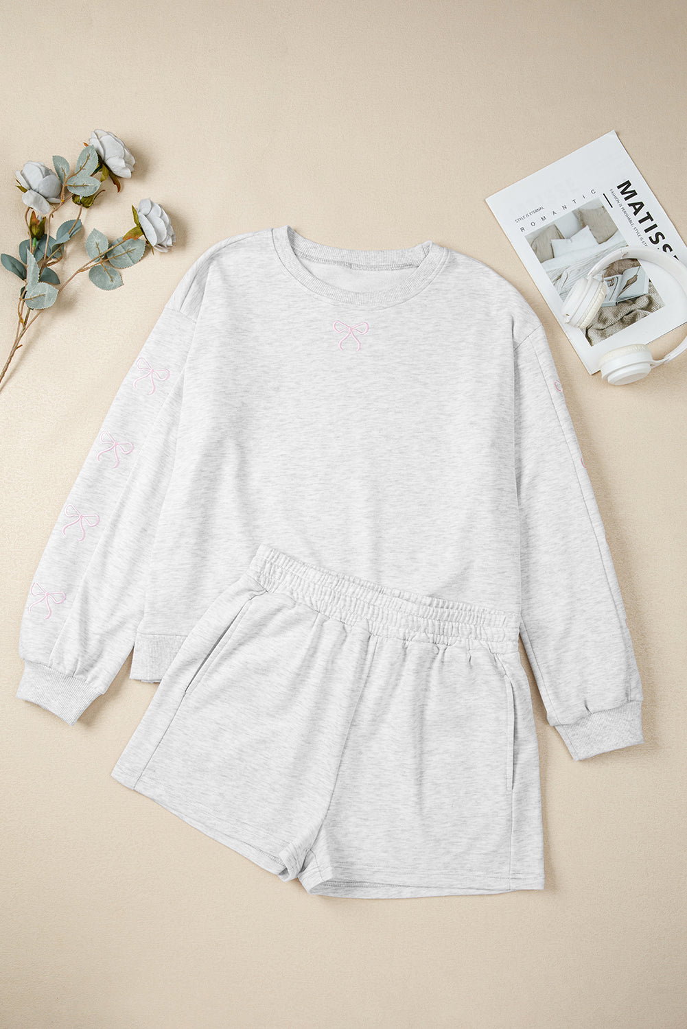 Sachet Pink Bow Embroidery Long Sleeve Pullover and High Waist Shorts Set