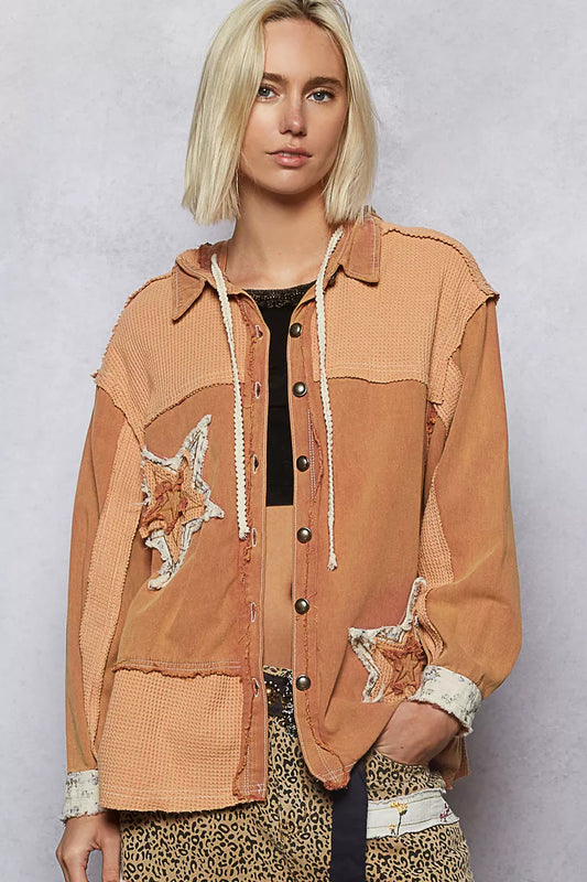 POL Button Down Hooded Jacket with Star Patch Pattern