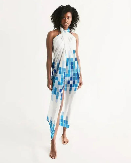 Sheer Mosaic Square White and Blue Swimsuit Cover Up