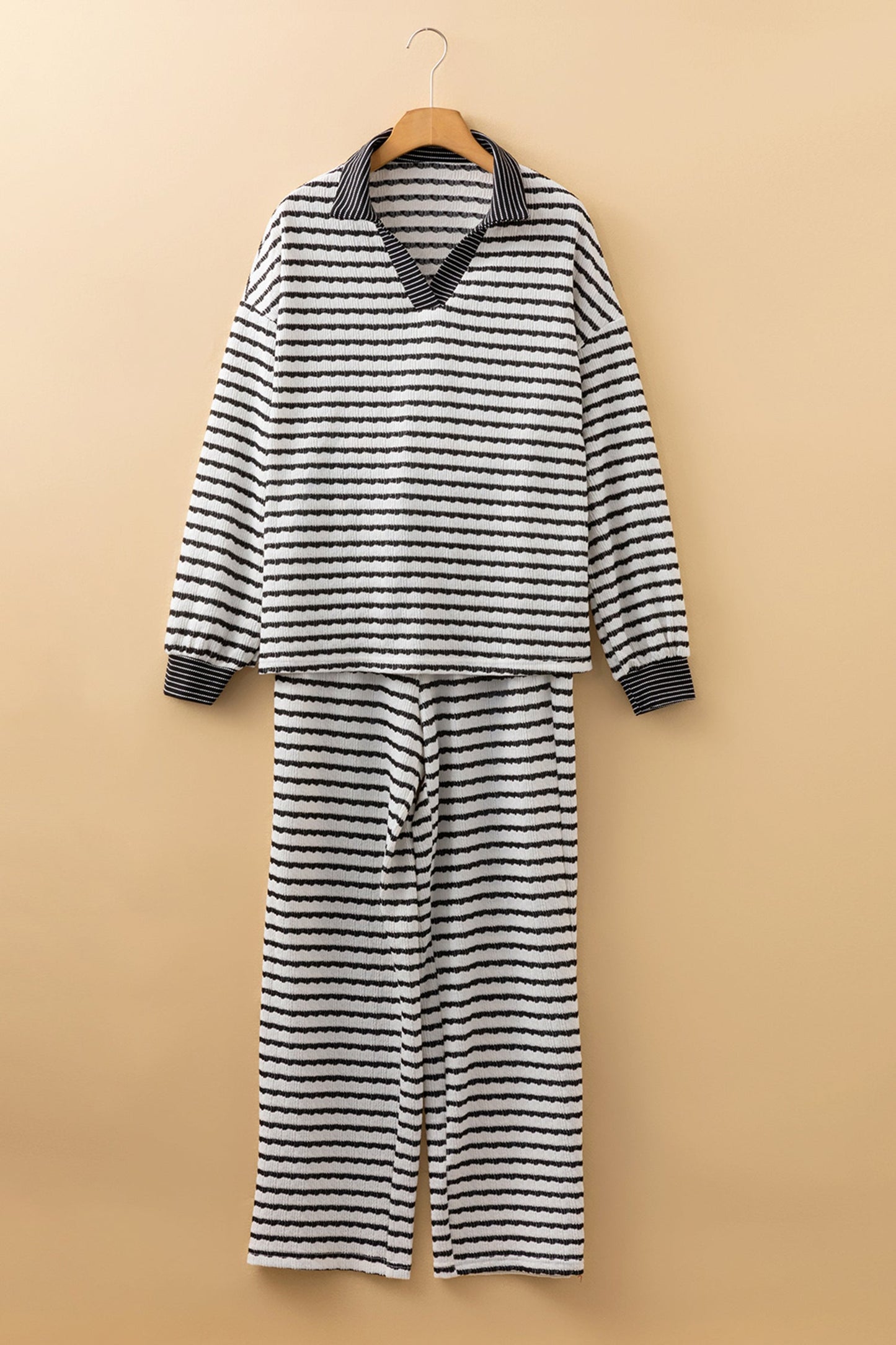 White Stripe Collared Pullover Top and Drawstring Pant Set