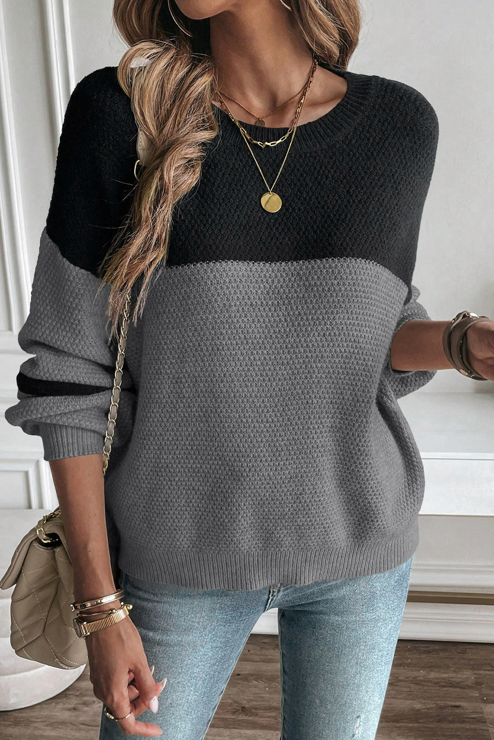 Dark Brown Color Block Knit Striped Sleeve Detail Casual Sweater
