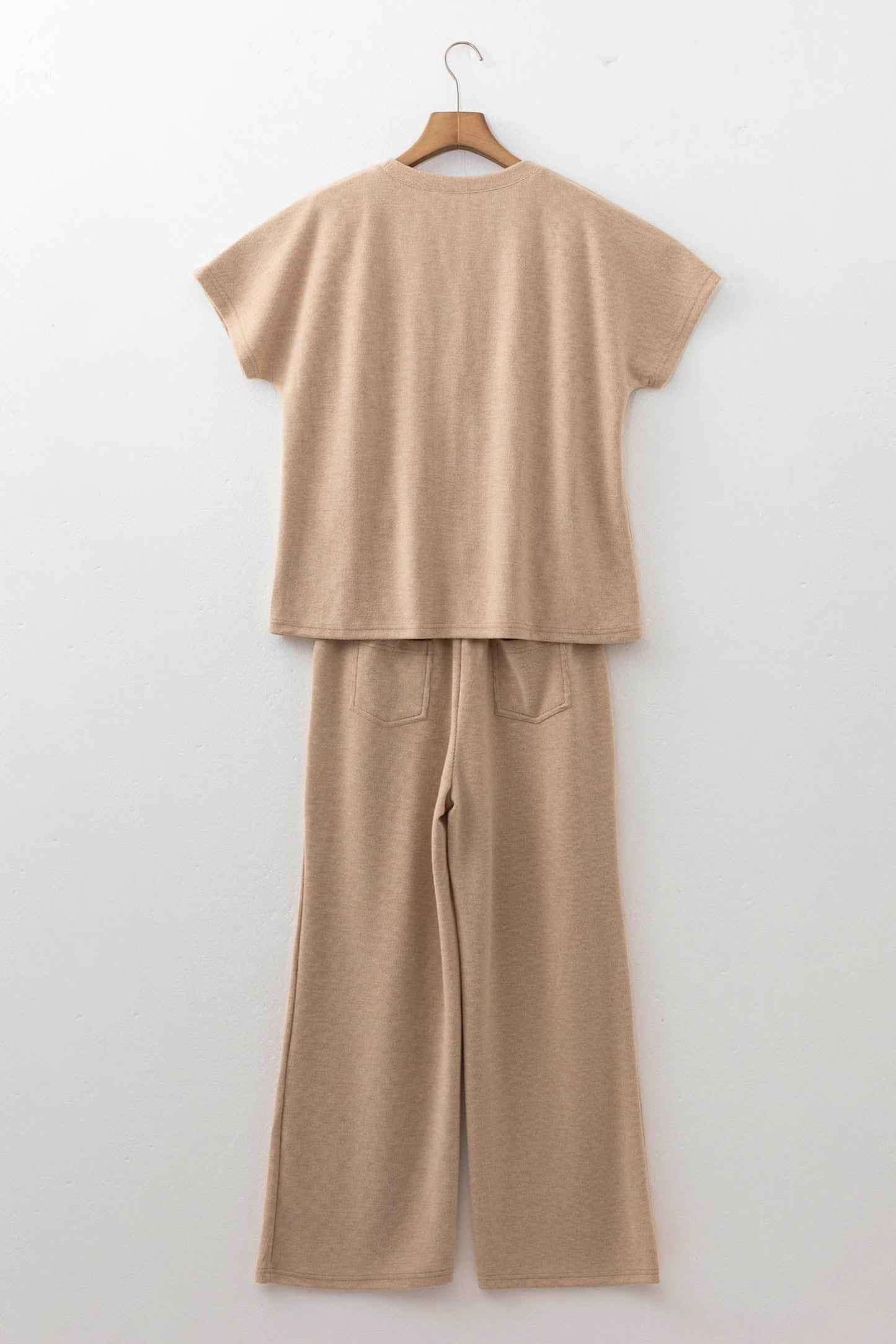 Light French Beige Solid Color Short Sleeve Ribbed Top Casual Pants 2pcs Set