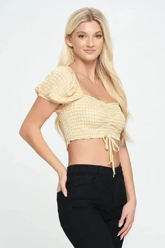 Gingham Smocked Crop Top with Puff Sleeves - Cute | Femstylo
