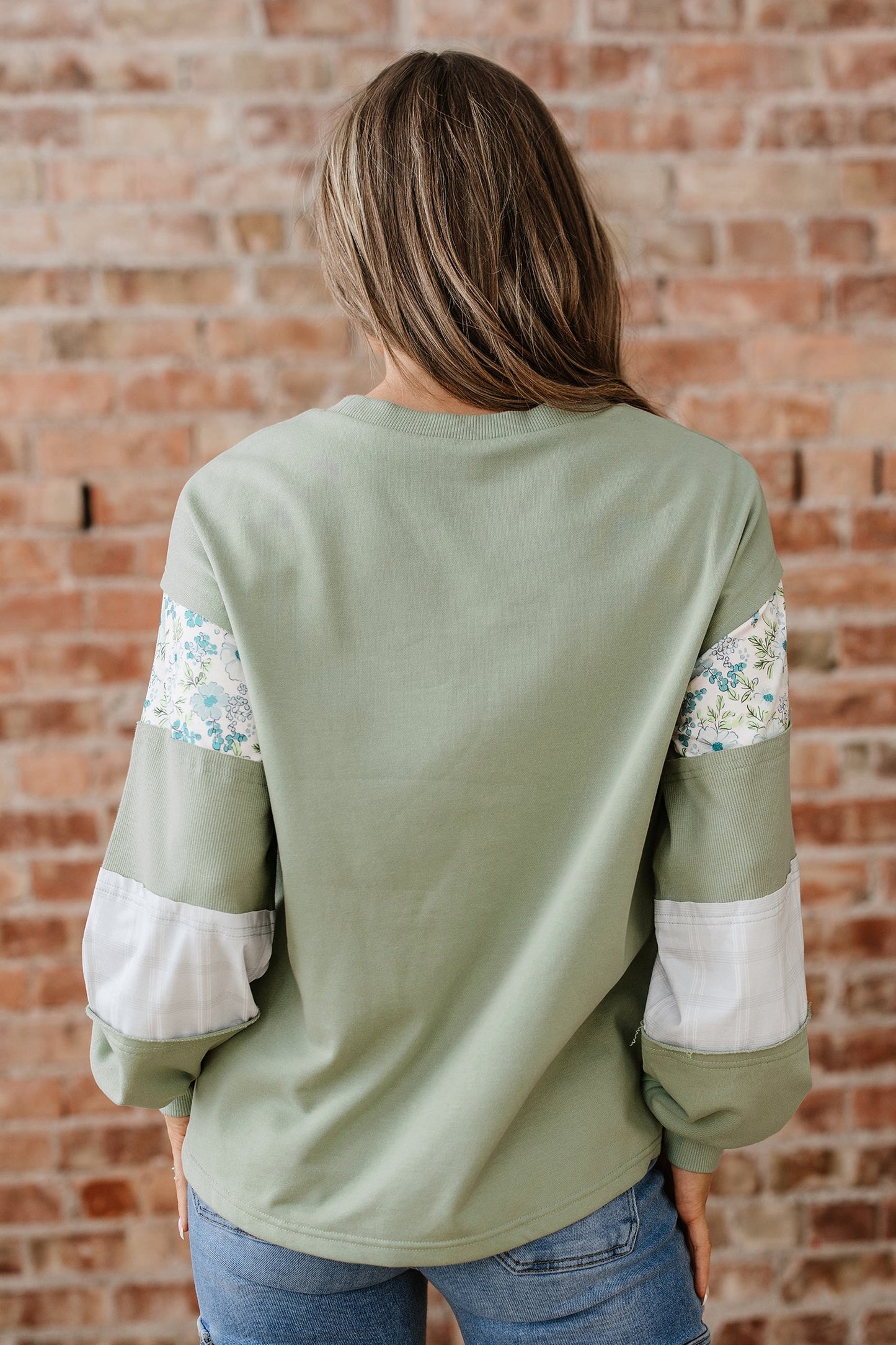 Laurel Green Floral Plaid Mixed Sleeve Raw Edge Relaxed French Terry Top
