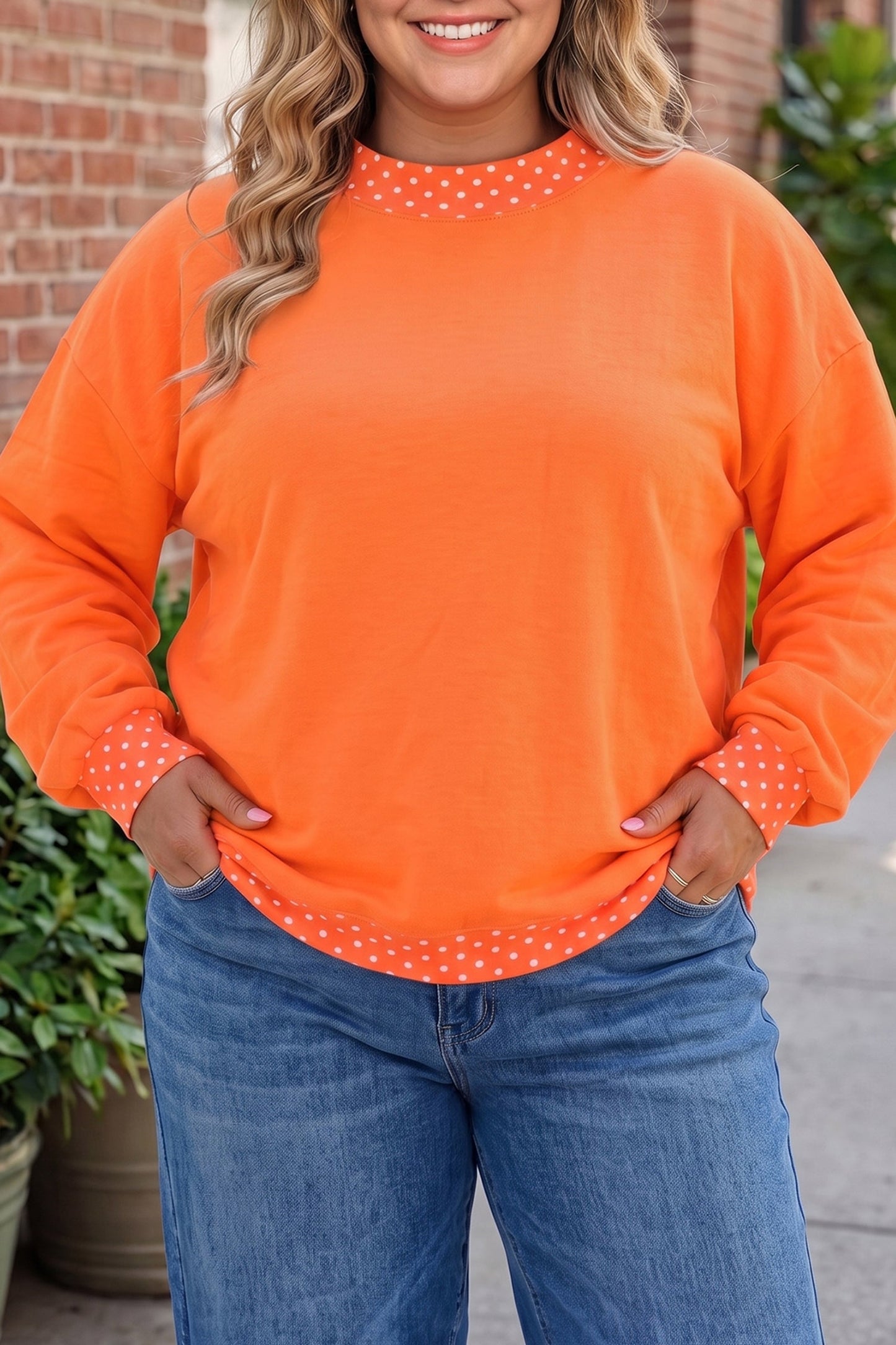 Racing Red Polka Dot Patchwork Round Neck Plus Size Sweatshirt
