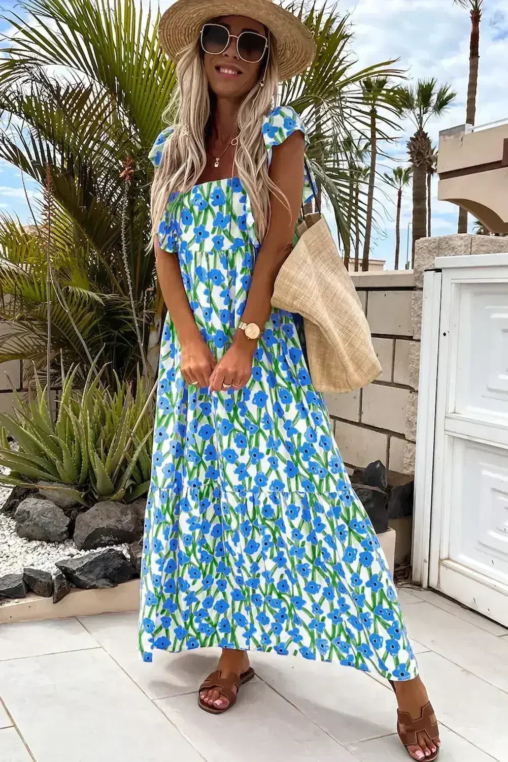 Pink Floral Print Square Neck Ruffled Strap Maxi Dress