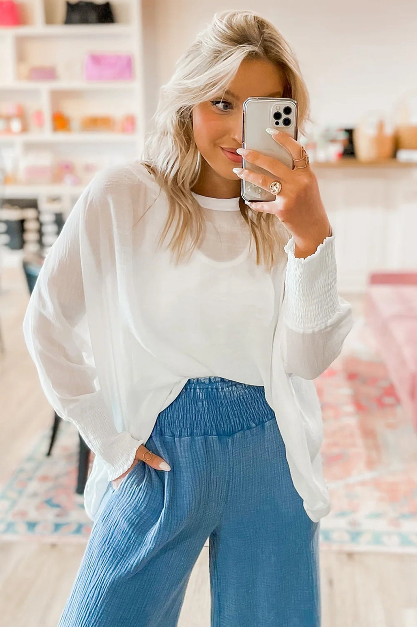 White Smocked Cuffs Semi Sheer Long Sleeve Dolman Blouse