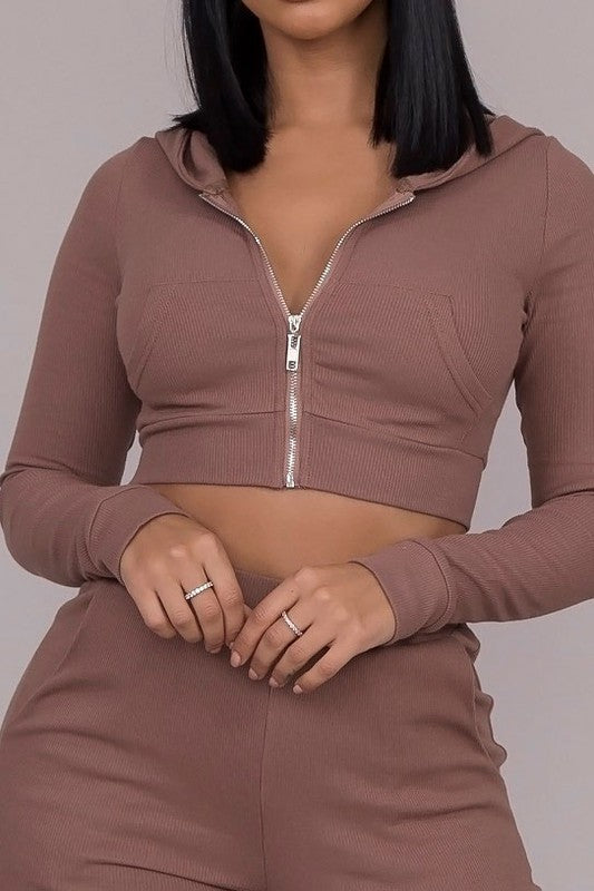 Brown Cropped Hoodie with Front Zip