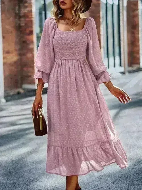 Smocked Long Sleeve Dot Dress – Flirty & Feminine Style
