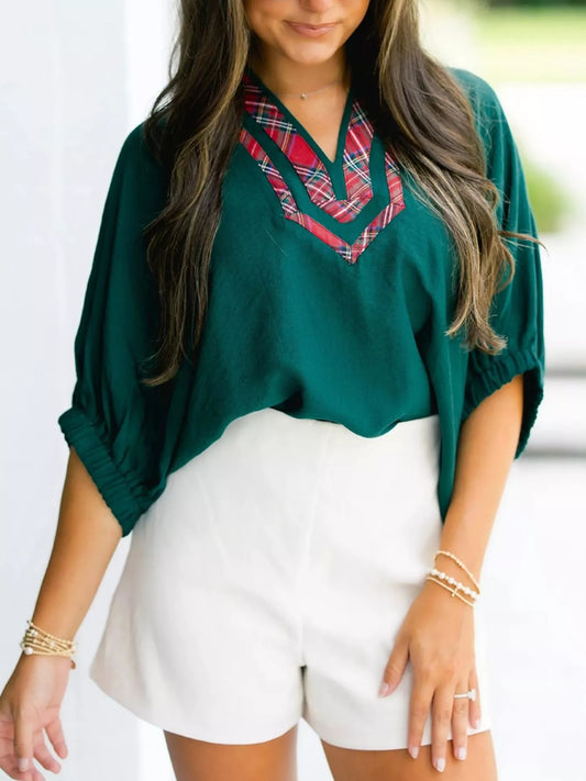 Plaid Trim Half Sleeve Blouse